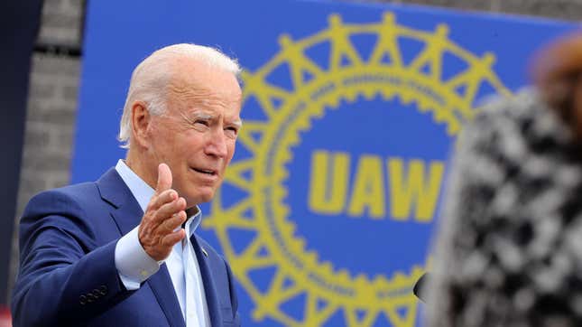 Democratic presidential nominee and former Vice President Joe Biden delivers remarks in the parking lot outside the United Auto Workers Region 1 offices on September 09, 2020 in Warren, Michigan.