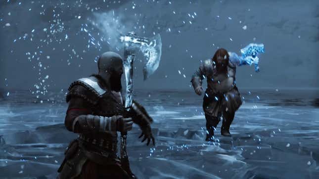 Kratos holds his ice-covered axe up as he charges a large man in a snowstorm.