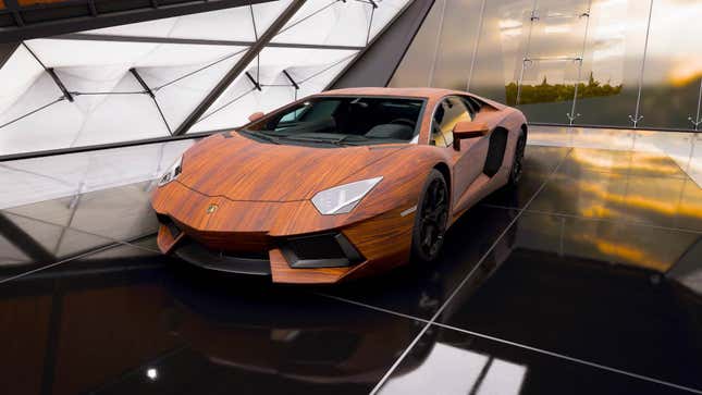 A wooden Lamboghini Aventador is parked in a garage in Forza Horizon 5.