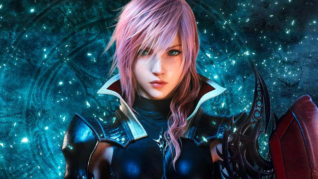 Lightning is shown against a backdrop of broken crystals dropping behind her.
