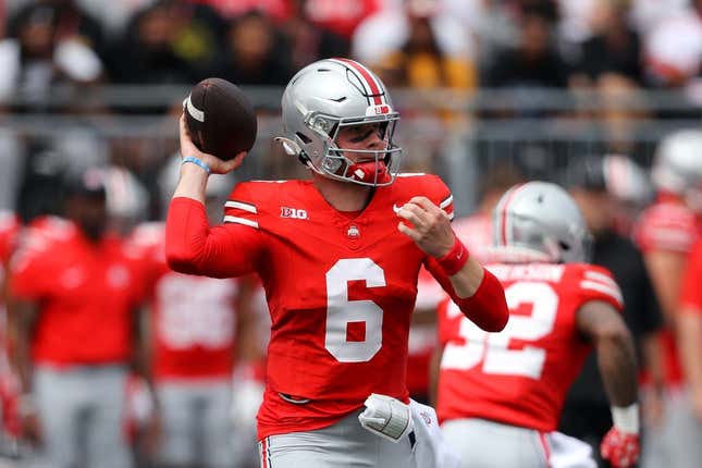 Sep 9, 2023; Columbus, Ohio, USA;  Ohio State Buckeyes quarterback Kyle McCord (6) drops to throw during the first quarter against the Youngstown State Penguins at Ohio Stadium.