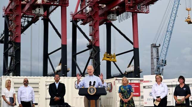 US President Joe Biden delivers remarks in the aftermath of Hurricane Fiona at the Port of Ponce in Ponce, Puerto Rico, on October 3, 2022.