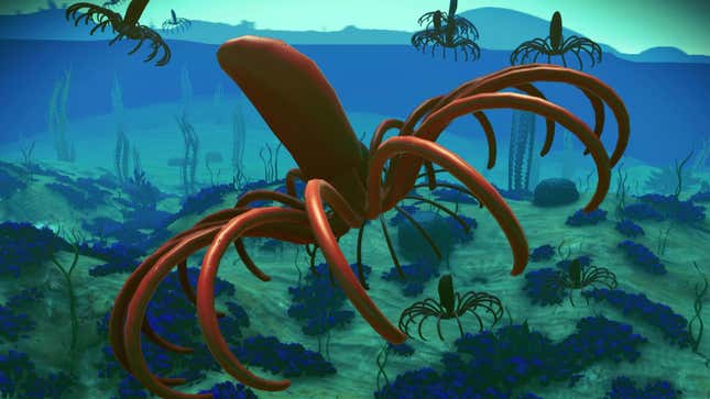 A screenshot of an alien squid with 16 tentacles swimming underwater in No Man's Sky. 