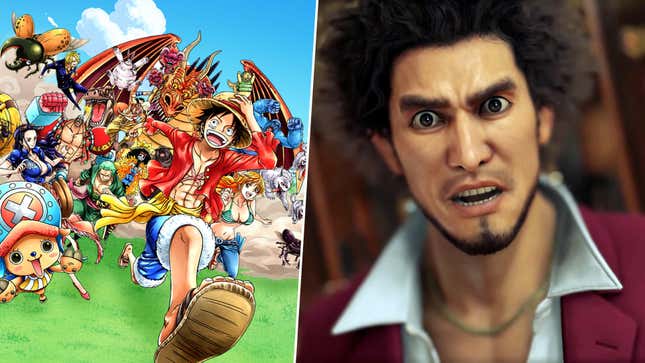 A collage image shows One Piece characters running toward the camera beside a shocked Ichiban Kasuga.