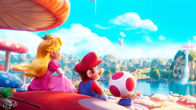 A promo image for the Mario movie shows Mario, Peach and Toad looking out at the world. 