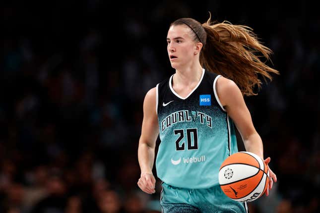 Sabrina Ionescu of the New York Liberty dribbles against the Connecticut Sun during Game 2 of the 2023 WNBA Playoffs semifinals at Barclays Center on September 26 in Brooklyn. The Liberty won 84-77.