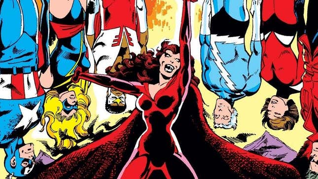 A possessed Scarlet Witch holds the Avengers Captain America, Ms. Marvel, Falcon, Quicksilver, and the Wasp captive on the cover of Avengers #187.