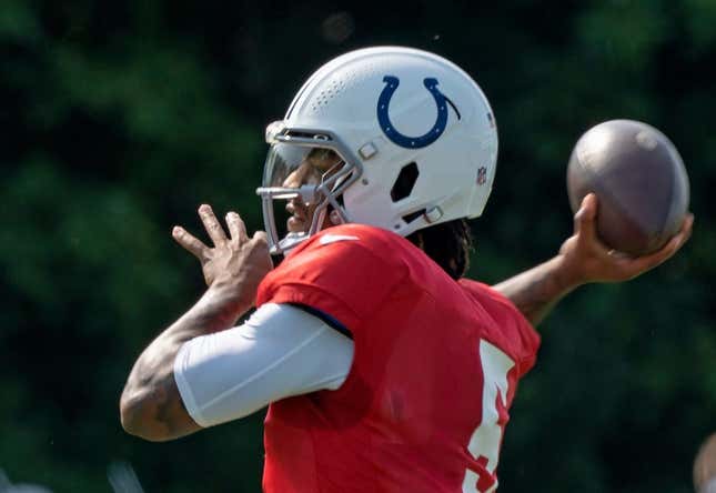 Indianapolis Colts quarterback Anthony Richardson (5) runs passing drills during Colts Camp practice at Grand Park, Tuesday, Aug. 1, 2023 in Westfield.