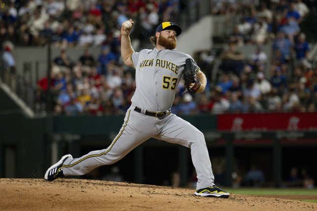 Aug 18, 2023; Arlington, Texas, USA; Milwaukee Brewers starting pitcher Brandon Woodruff (53) in action during the game between the Texas Rangers and the Milwaukee Brewers at Globe Life Field.