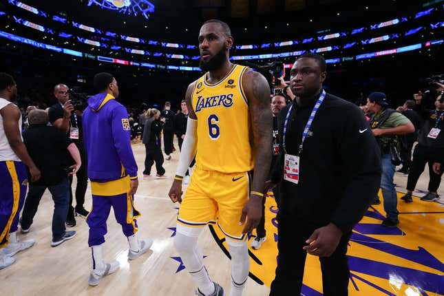 May 22, 2023; Los Angeles, California, USA; Los Angeles Lakers forward LeBron James (6) reacts to losing to the Denver Nuggets in game four of the Western Conference Finals for the 2023 NBA playoffs at Crypto.com Arena.