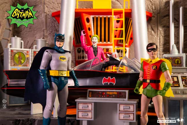 McFarlane Toys' Batman, Robin, and Joker figures pose in the new Bat-Cave Playset.