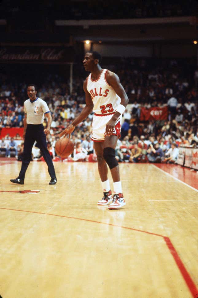 Michael Jordan in April 1985, wearing the Bulls’ home colors.