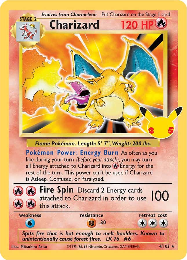 The Charizard celebrations card shows the Pikachu 25th anniversary logo next to the character's portrait.