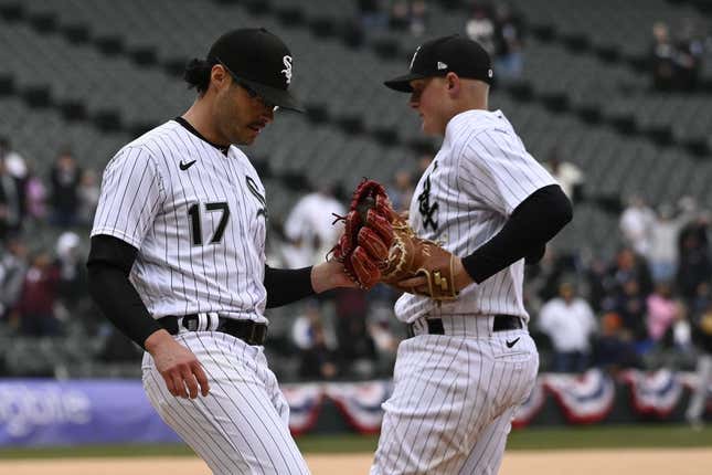 Apr 5, 2023; Chicago, Illinois, USA;  Chicago White Sox relief pitcher Joe Kelly (17) celebrates with first baseman Andrew Vaughn (25) after the game against the San Francisco Giants during the ninth inning at Guaranteed Rate Field.