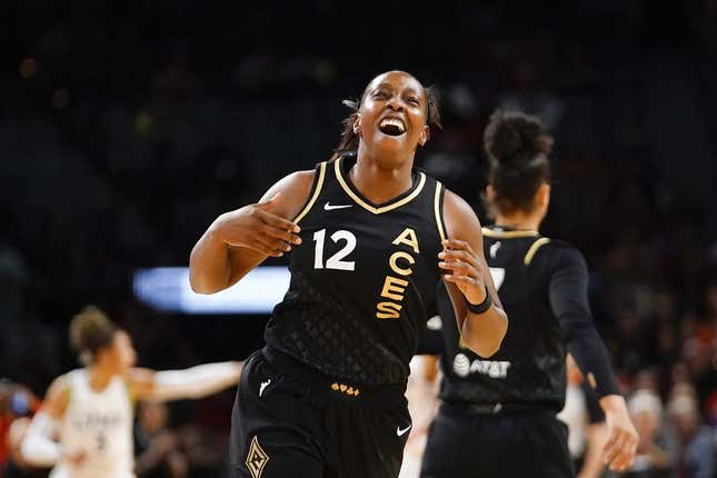 May 28, 2023; Las Vegas, Nevada, USA; Las Vegas Aces guard Chelsea Gray (12) reacts after scoring against the Minnesota Lynx during the first quarter at Michelob Ultra Arena.