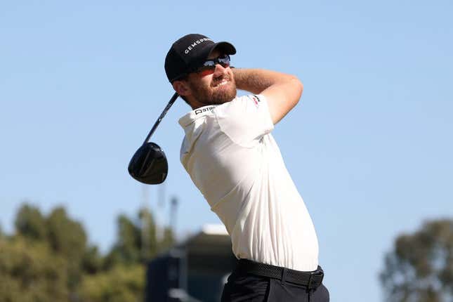 Jun 17, 2023; Los Angeles, California, USA; Patrick Rodgers tees off on the eighteenth tee during the third round of the U.S. Open golf tournament at Los Angeles Country Club.