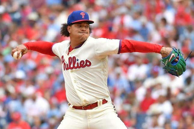 Aug 6, 2023; Philadelphia, Pennsylvania, USA; Philadelphia Phillies starting pitcher Taijuan Walker (99) throws a pitch against the Kansas City Royals during the second inning at Citizens Bank Park.