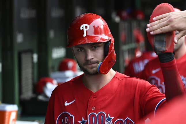 Jun 29, 2023; Chicago, Illinois, USA;  Philadelphia Phillies shortstop Trea Turner (7) celebrates in the dugout after scoring against the Chicago Cubs during the third inning at Wrigley Field.