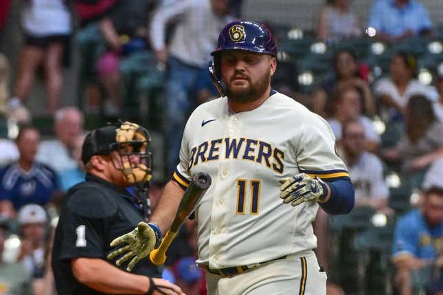 Jun 19, 2023; Milwaukee, Wisconsin, USA; Milwaukee Brewers first baseman Rowdy Tellez (11) reacts after striking out in the fifth inning against the Arizona Diamondbacks at American Family Field.