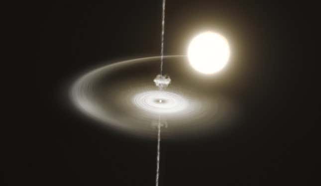 An artist's impression of the pulsar, accumulating gas from its companion star and expelling large jets.