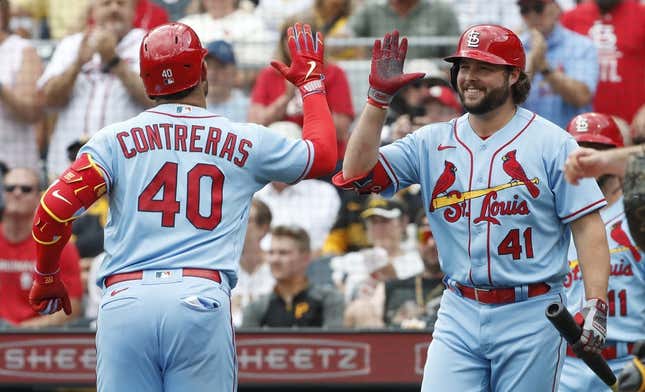 Jun 3, 2023; Pittsburgh, Pennsylvania, USA;  St. Louis Cardinals St. Louis Cardinals designated hitter Alec Burleson (41) greets catcher Willson Contreras (40) crossing home plate after his solo home run against the Pittsburgh Pirates in the second inning at PNC Park.