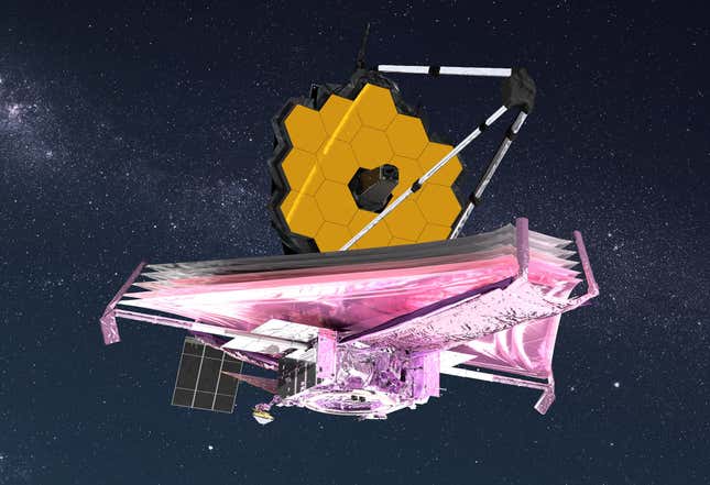 Rendering shows the Webb telescope with hexagonal mirrors and stars in the background.