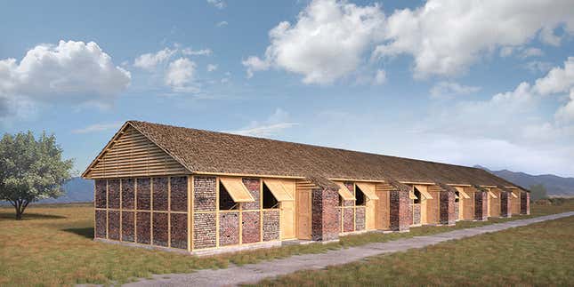 Ban’s houses for victims of the Nepal 2015 earthquake use wood as the main frame of the shelter. Bricks are used for the enclosure.