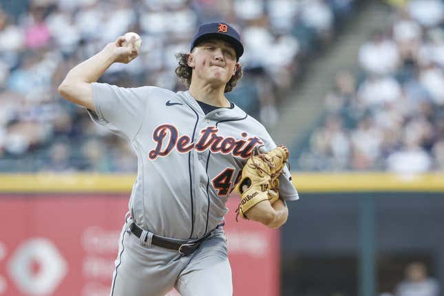 Sep 2, 2023; Chicago, Illinois, USA; Detroit Tigers starting pitcher Reese Olson (45) delivers a pitch against the Chicago White Sox during the first inning at Guaranteed Rate Field.