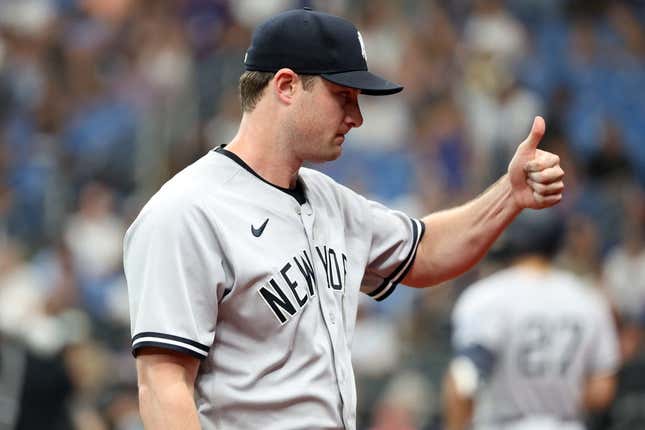 Aug 25, 2023; St. Petersburg, Florida, USA; New York Yankees starting pitcher Gerrit Cole (45) gives a thumbs up against the Tampa Bay Rays at the end of the first inning at Tropicana Field.