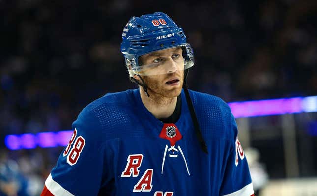 Apr 29, 2023; New York, New York, USA; New York Rangers right wing Patrick Kane (88) warms up before the first period against the New Jersey Devils in game six of the first round of the 2023 Stanley Cup Playoffs at Madison Square Garden.