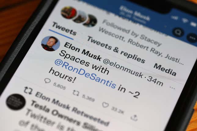 A photo of a phone with Elon Musk's Twitter account. Musk is previewing the event with Ron DeSantis.