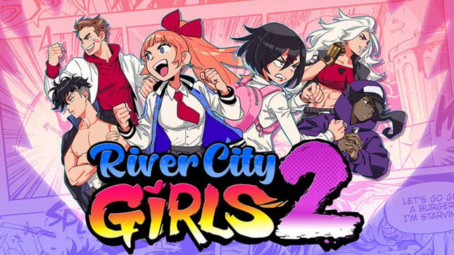 Misako, Kyoko, Riki, Kunio, Marain, and Provie prepare for battle on the cover of River City Girls 2's box art. 