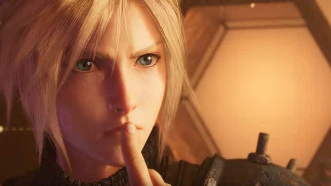 Pictured is a close up of Cloud from FFVII with a finger over his lips. 