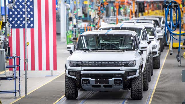 A general view of GMC Hummer EVs is pictured on November 17, 2021 at General Motors’ Factory ZERO electric vehicle assembly plant in Detroit, Michigan.