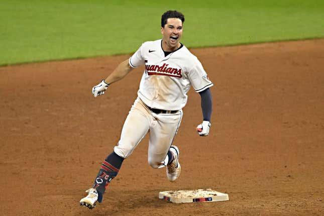 Jun 9, 2023; Cleveland, Ohio, USA; Cleveland Guardians right fielder Will Brennan (17) celebrates his game-winning double in the 14th inning against the Houston Astros at Progressive Field.