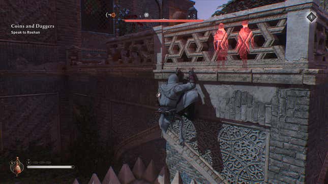 A screenshot shows an assassin using Eagle Vision to spot guards through a wall.