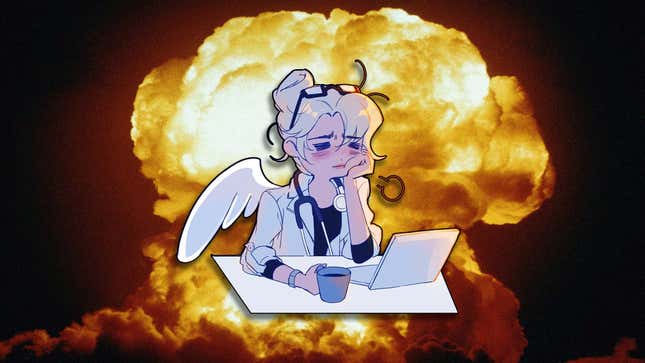 Mercy sighs exasperatedly while sitting in front of a laptop, coffee in hand, while an explosion goes off in the background. 