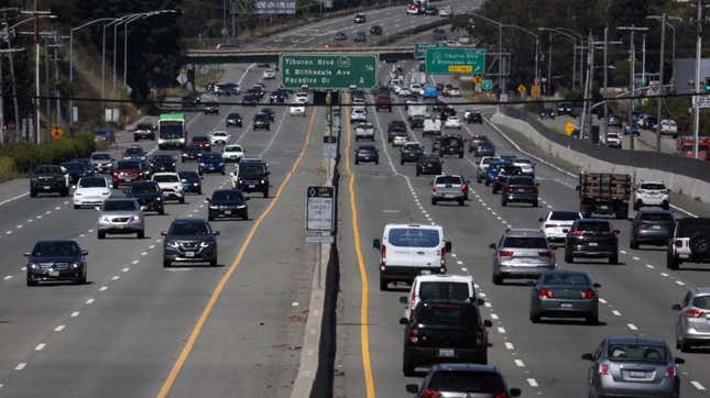 Traffic moves along Highway 101 on August 24, 2022 in Mill Valley, California. California is set to implement a plan to prohibit the sale of new gasoline-powered cars in the state by 2035 in an effort to fight climate change by transitioning to electric vehicles.