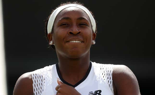 Coco Gauff of United States celebrates winning match point against Elena-Gabriela Ruse of Romania during their Women’s Singles First Round match on day two of The Championships Wimbledon 2022 at All England Lawn Tennis and Croquet Club on June 28, 2022 in London, England. (Photo by Julian Finney/Getty Images)