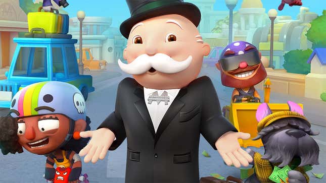 A cover illustration for Ubisoft's Monopoly Madness game featuring Mr. Monopoly. 