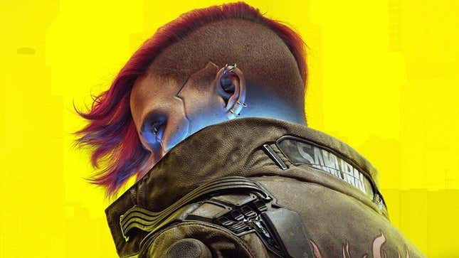 Art for the PS5 version of Cyberpunk 2077 shows the hero looking down in front of a neon yellow background. 