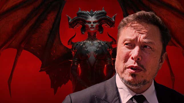 Elon Musk furrows his brows at an image of Diablo IV's Lilith.