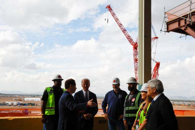 President Joe Biden visits an upcoming “friendshored” TSMC semiconductor factory in Arizona