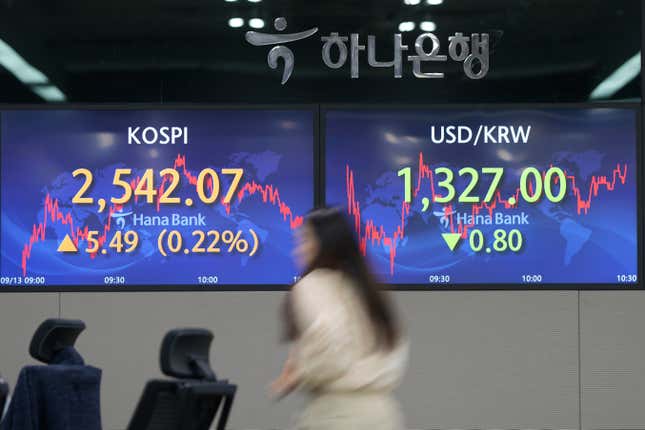 An employee of a bank walks by the screens showing the Korea Composite Stock Price Index (KOSPI), left, and the foreign exchange rate between U.S. dollar and South Korean won at a foreign exchange dealing room in Seoul, South Korea, Wednesday, Sept. 13, 2023. Stocks fell Wednesday in Asia after a slide for technology stocks dragged Wall Street lower ahead of a key report on U.S. inflation. (AP Photo/Lee Jin-man)