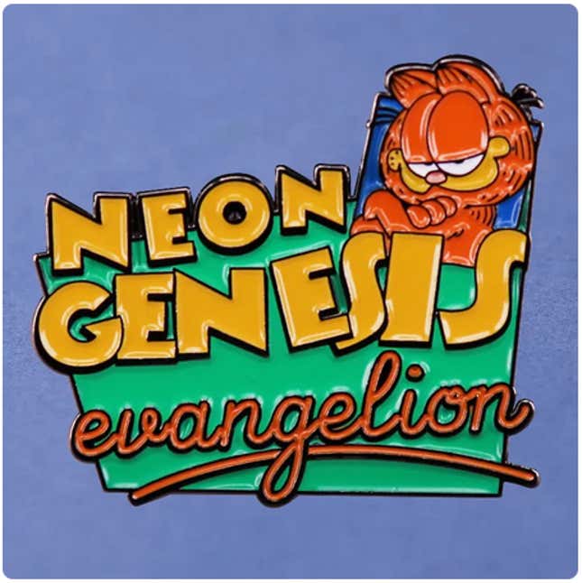 Enamel pin with Garfield on it that says "Neon Genesis Evangelion."