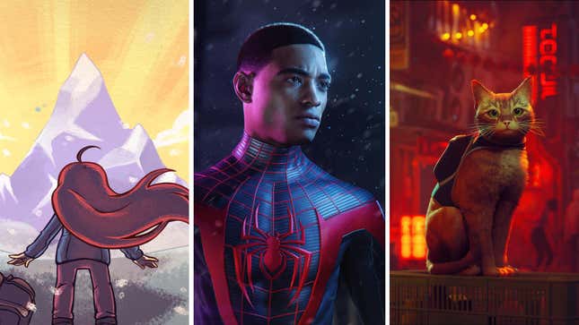 Key art for Celeste, Marvel's Spider-Man: Miles Morales, and Stray indicates some of the best short games on PS Plus.