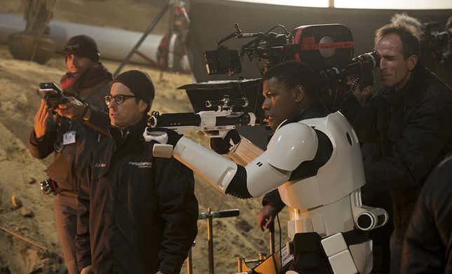 J.J. Abrams directing a scene with Finn (John Boyega) as a Stormtrooper
