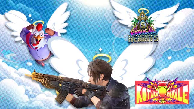 An image shows a man in a chicken mask, a video game logo, and a dude with a gun floating up to Heaven.