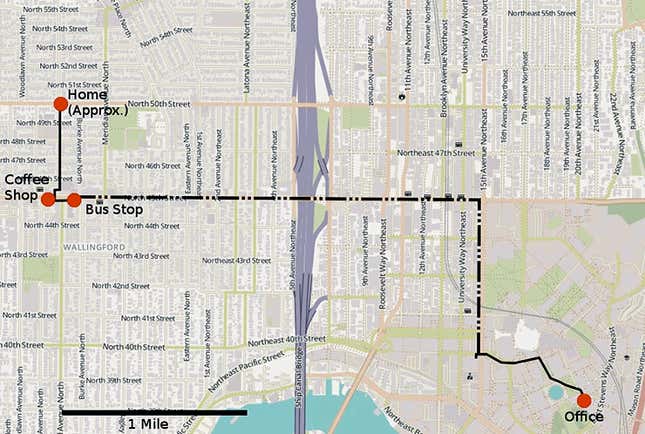 This map represents an individual’s morning commute. Red dots reflect the places where computer security researchers were able to track that person’s movements by serving location-based ads: at home (real location not shown), a coffee shop, bus stop, and office. The team found that a target needed to stay in one location for roughly four minutes before an ad was served, which is why no red dots appear along the individual’s bus commute (dashed line) or walking route (solid line.) (Credit: U. Washington via Futurity)