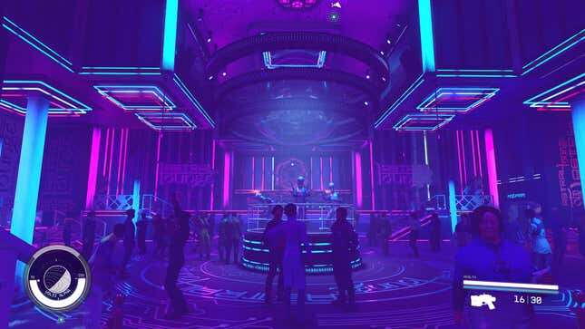 A view of the Astral Lounge bar on Neon shows a space doused in purple lighting, with neon blue and pink accents. People dance and socialize throughout.
